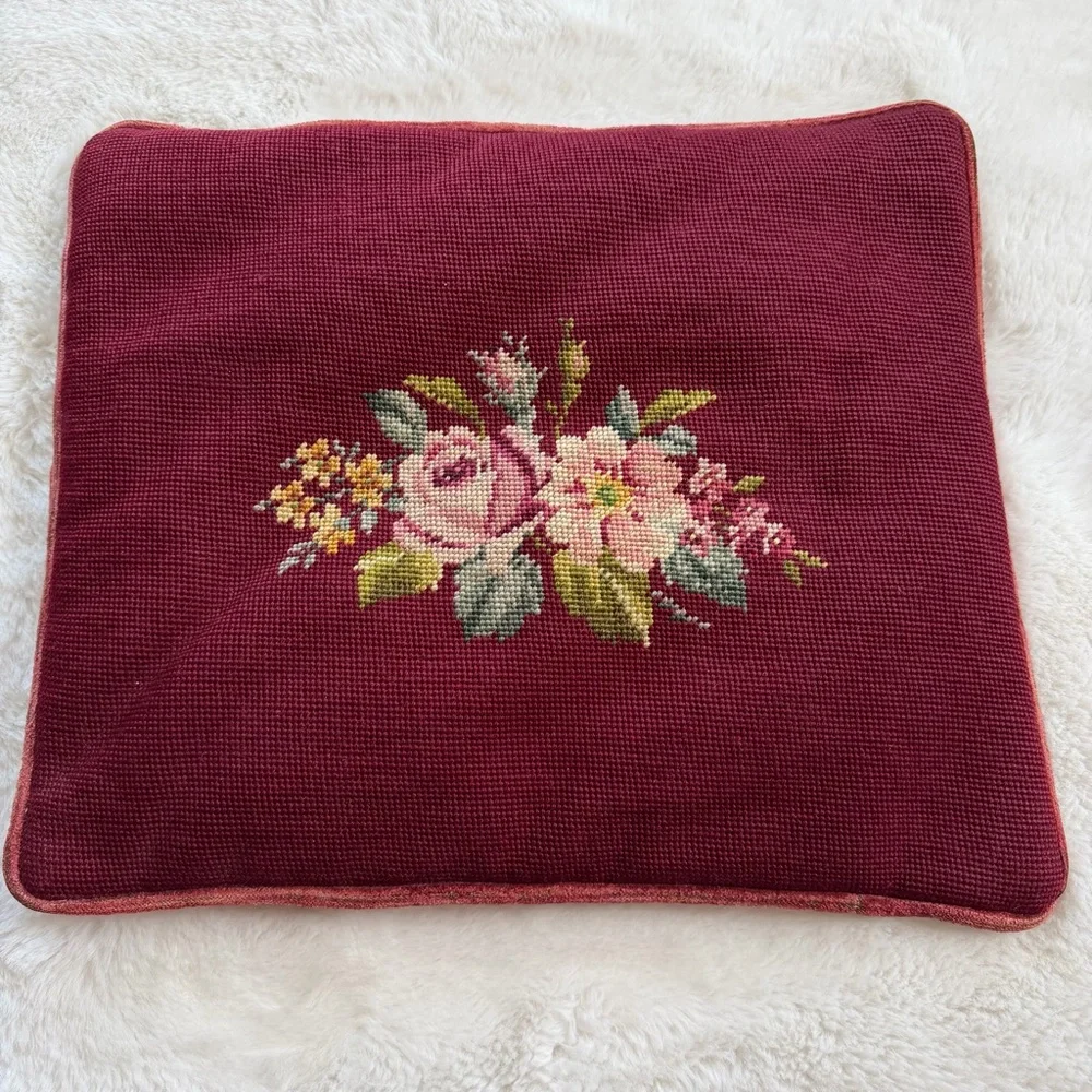 Vintage Needlepoint Floral Pillow 18”x15” Burgundy Wool Front Velvet Back Flat
